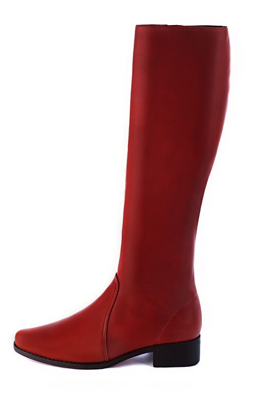 Scarlet red women's riding knee-high boots. Round toe. Low leather soles. Made to measure. Profile view - Florence KOOIJMAN